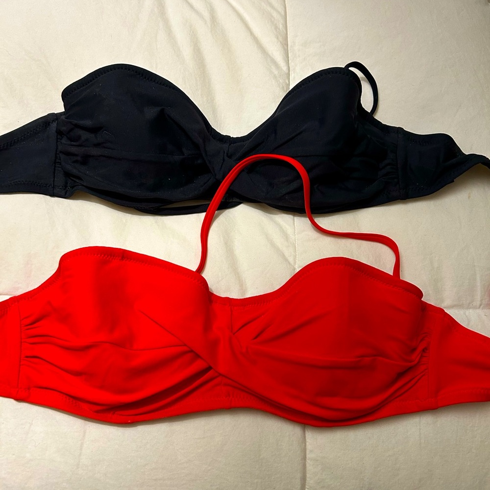 J. Crew Bandeau Bikini Tops, 32C, detachable straps, one red one black. GUC!